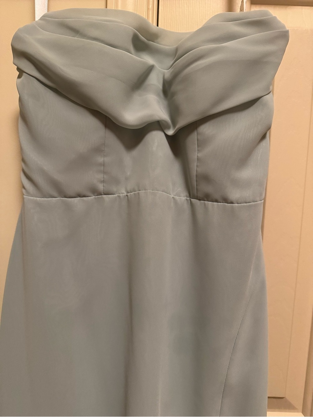 Azazie Strapless Twist-Front Dress- color is “sage green”